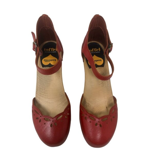 Rare Swedish Hasbeens Red Laser Cut Leather Platform Heeled Clog Sandals 9 Boho - Picture 4 of 14
